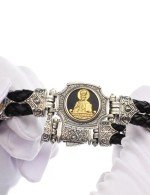 Браслет из серебра 925 пробы и золота 750 пробы c кожаным шнурком и ониксом