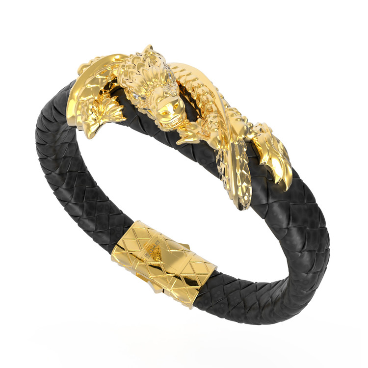 Браслет из лимонного золота c бриллиантами и кожаным шнурком