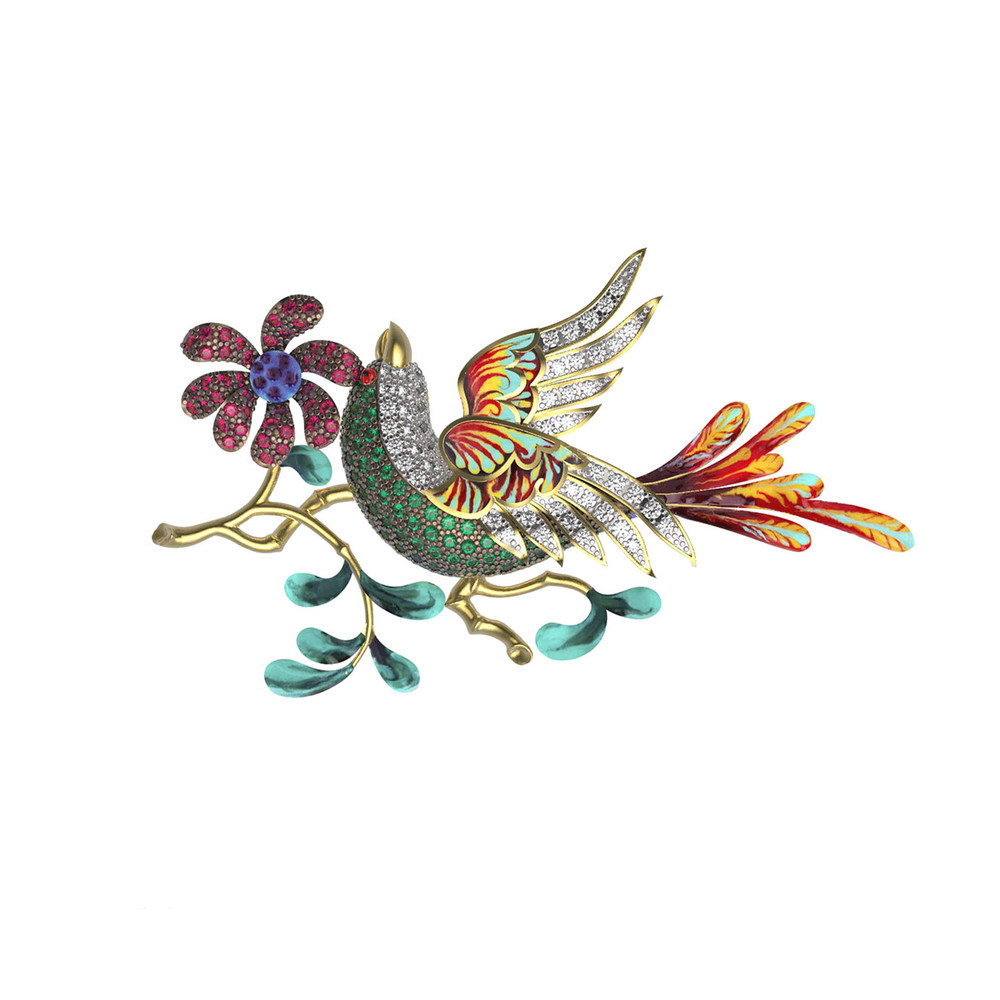 Брошь из лимонного золота c эмалью и фианитом