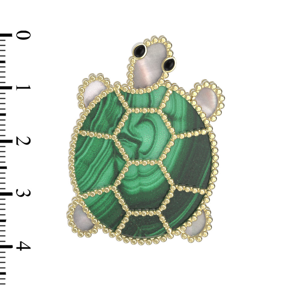 Брошь из лимонного золота c эмалью, малахитом и перламутром