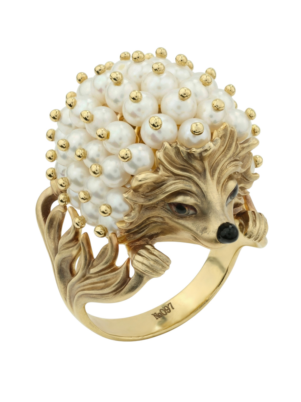 Кольцо из лимонного золота c эмалью и жемчугом