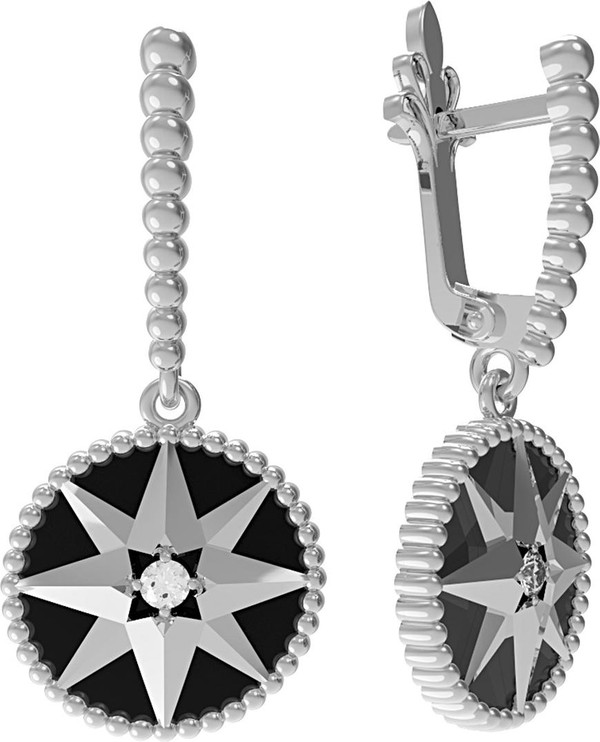 Серьги из белого золота c фианитом и ониксом