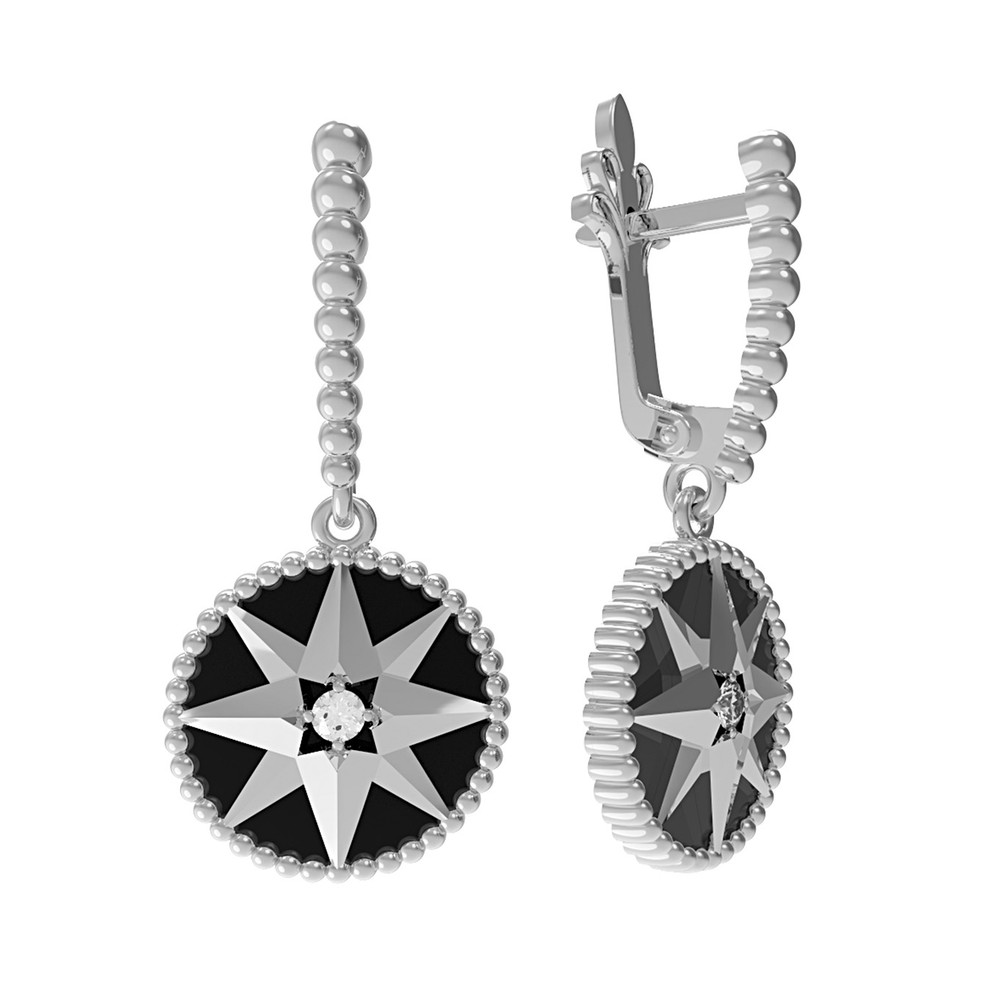 Серьги из белого золота c фианитом и ониксом