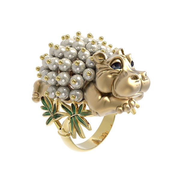 Кольцо из лимонного золота c эмалью и жемчугом