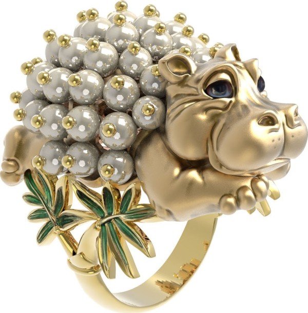 Кольцо из лимонного золота c эмалью и жемчугом