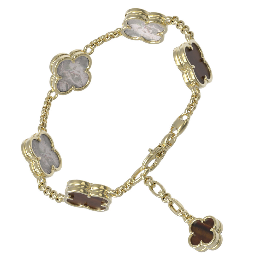 Браслет из лимонного золота c тигровым глазом и перламутром