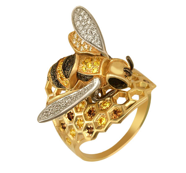 Кольцо из лимонного золота c эмалью и фианитом