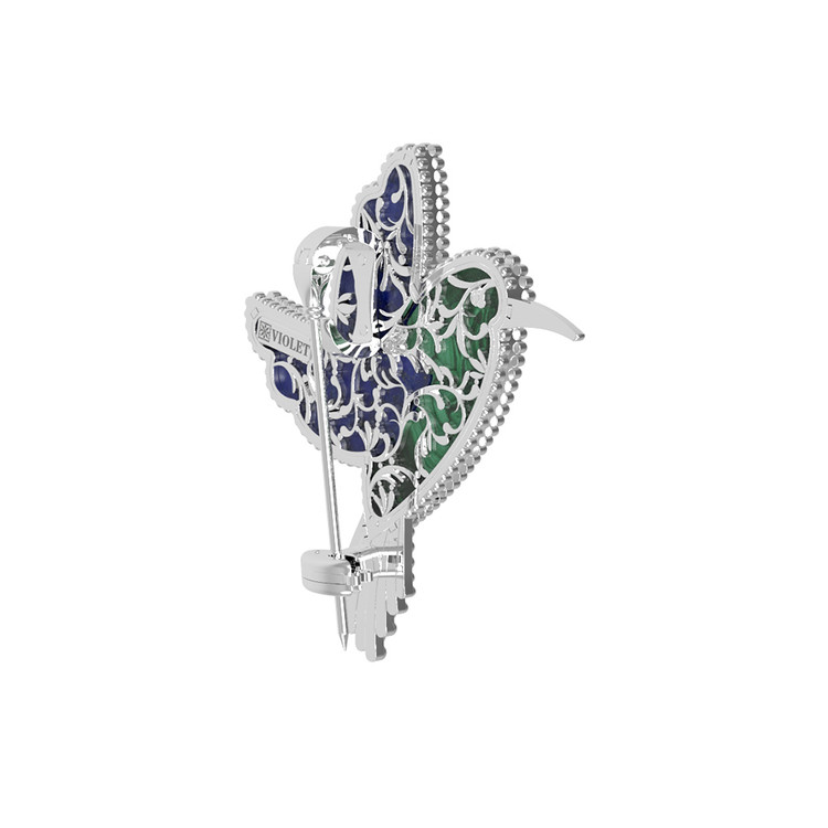 Брошь из белого золота c эмалью, лазуритом и малахитом