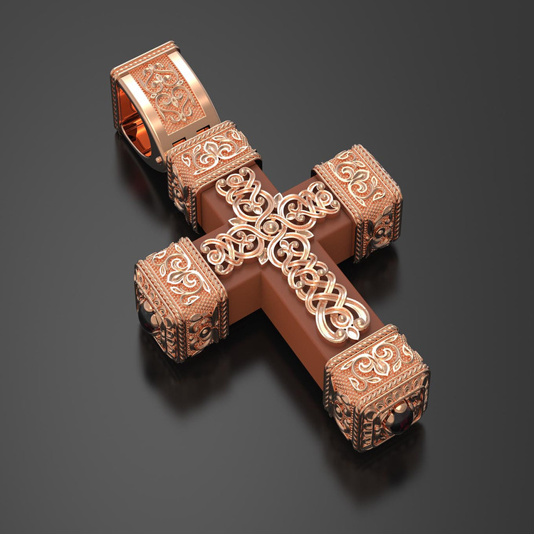 Крест из золота c эмалью, ониксом и деревом груши