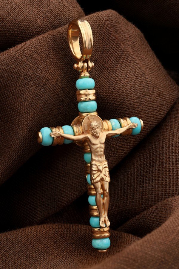 Крест из золота c бирюзой