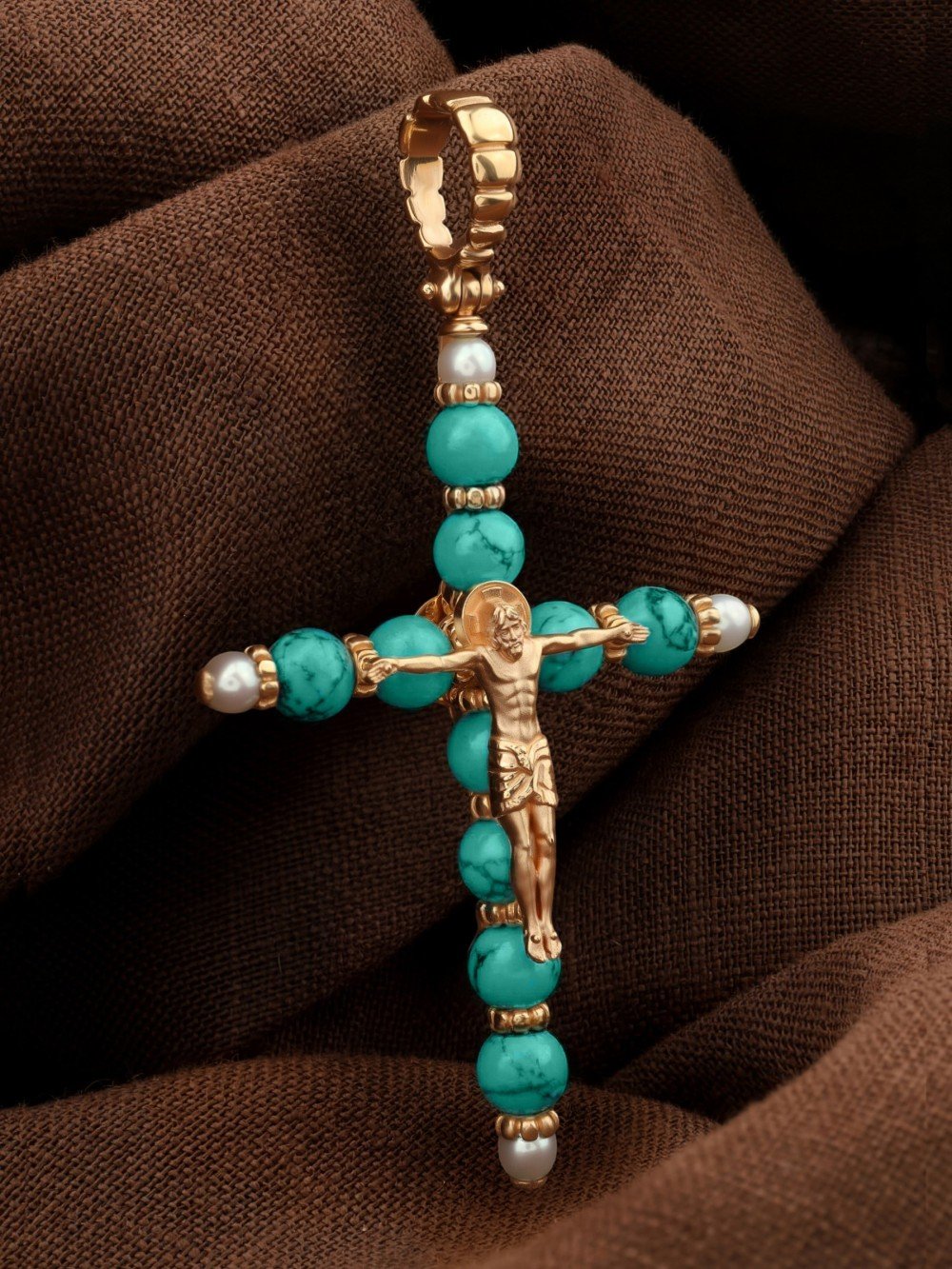 Крест из золота c жемчугом и бирюзой