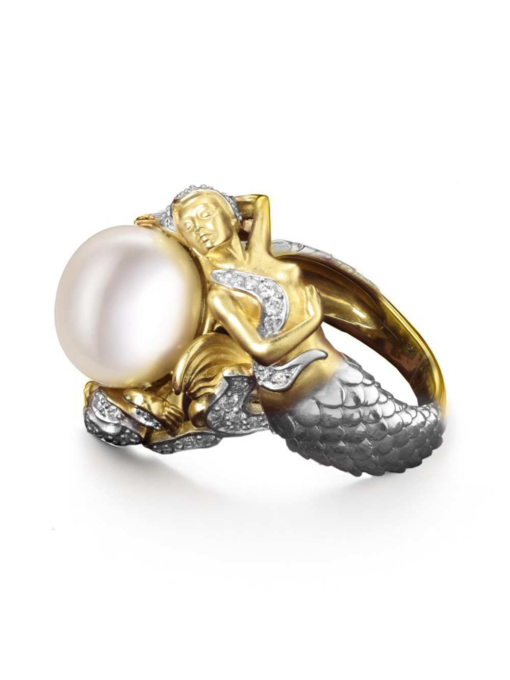 Кольцо из лимонного золота c бриллиантами и жемчугом