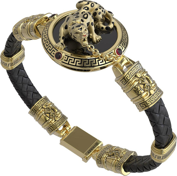 Браслет из лимонного золота c эмалью, шнурком, ониксом и рубином