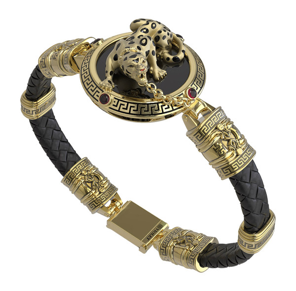 Браслет из лимонного золота c эмалью, шнурком, ониксом и рубином