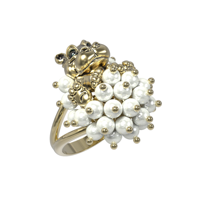 Кольцо из лимонного золота c эмалью и жемчугом