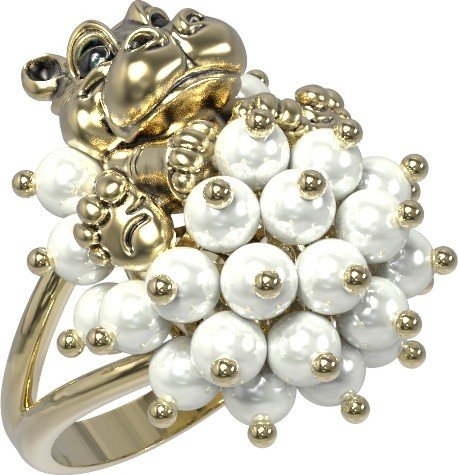 Кольцо из лимонного золота 585 пробы c эмалью и жемчугом