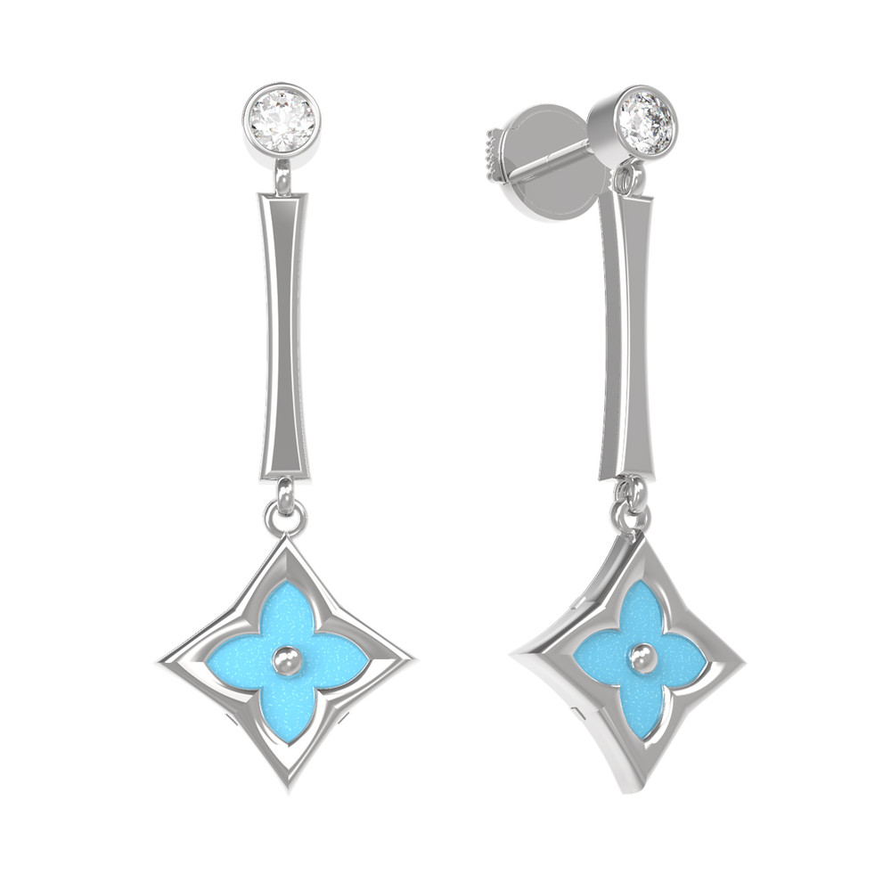 Серьги из белого золота c фианитом и бирюзой