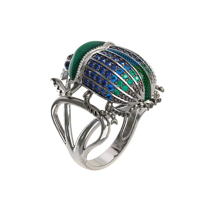 Кольцо из белого золота c эмалью, фианитом и сапфиром