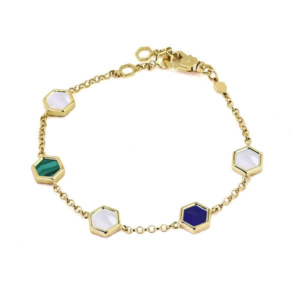 Браслет из лимонного золота c лазуритом, малахитом и перламутром