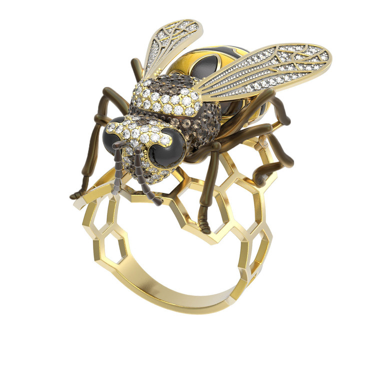 Кольцо из лимонного золота c эмалью и фианитом