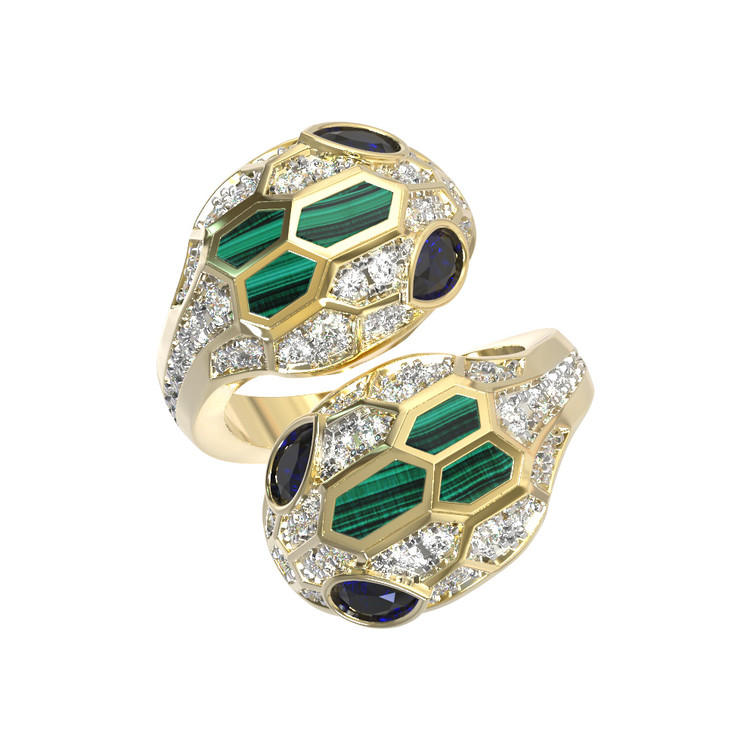 Кольцо из лимонного золота c бриллиантами, сапфиром и малахитом