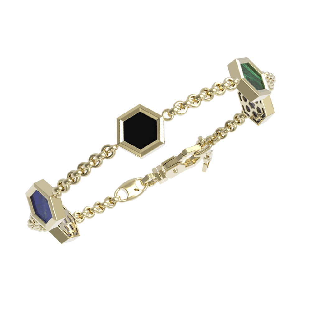 Браслет из лимонного золота c ониксом, лазуритом, малахитом и перламутром