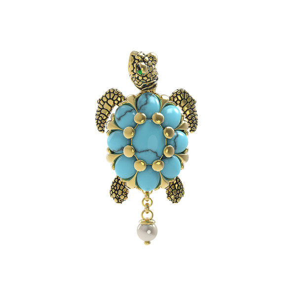 Подвеска из лимонного золота c эмалью, жемчугом и бирюзой