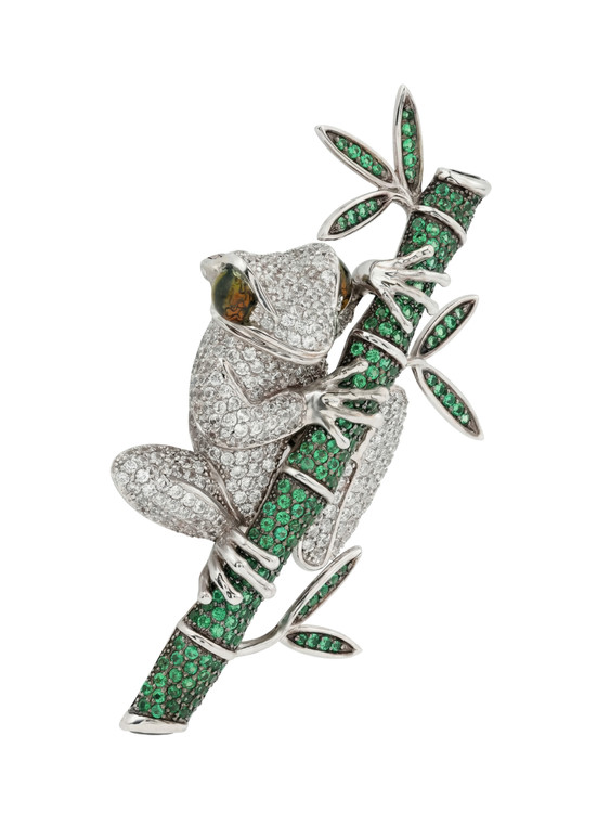 Брошь из белого золота c эмалью, фианитом и дымчатым кварцем