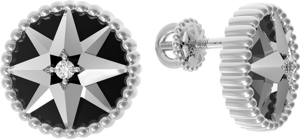 Серьги из белого золота c фианитом и ониксом