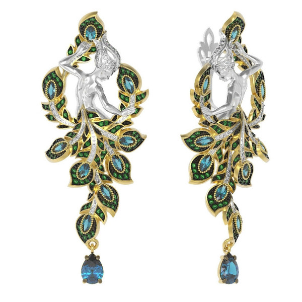 Серьги из лимонного золота c фианитом и топазом London Blue