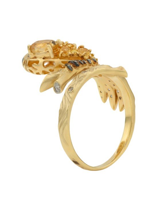 Кольцо из лимонного золота c эмалью, фианитом, цитрином и сапфиром