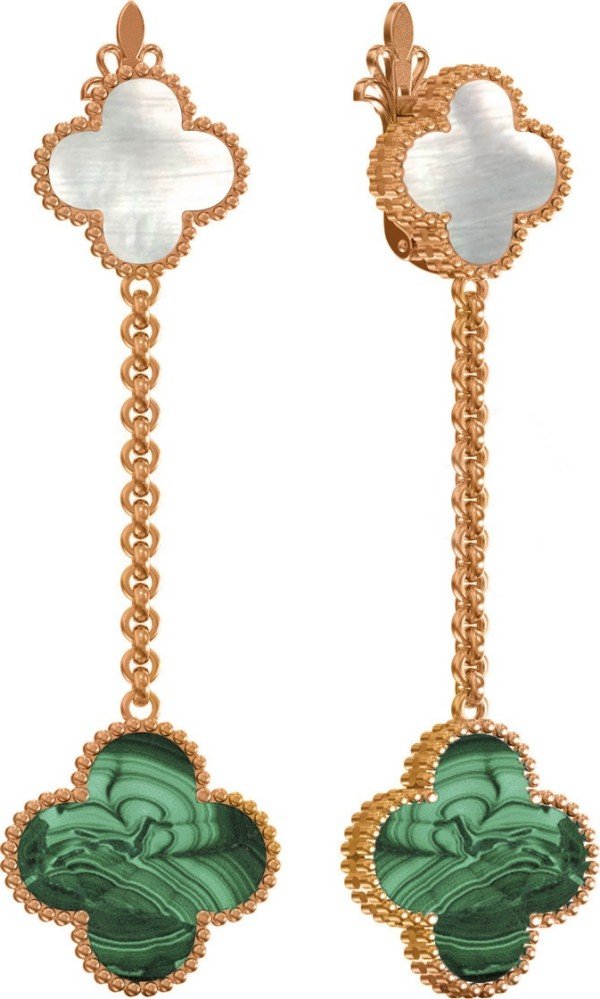 Серьги из золота 585 пробы c малахитом и перламутром