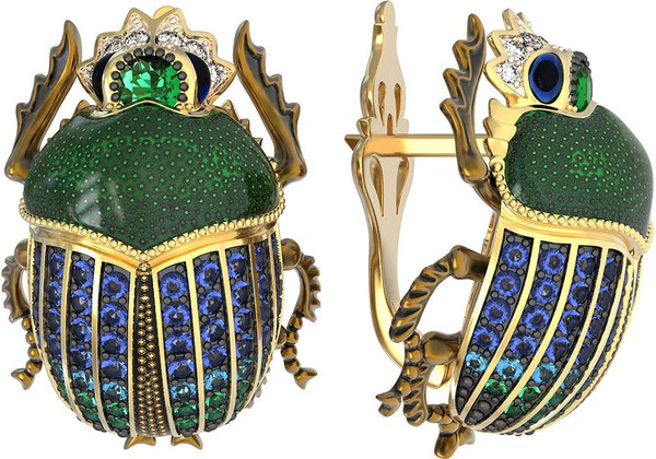 Серьги из лимонного золота c эмалью, фианитом и турмалином