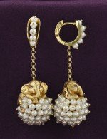 Серьги из лимонного золота 585 пробы c эмалью и жемчугом