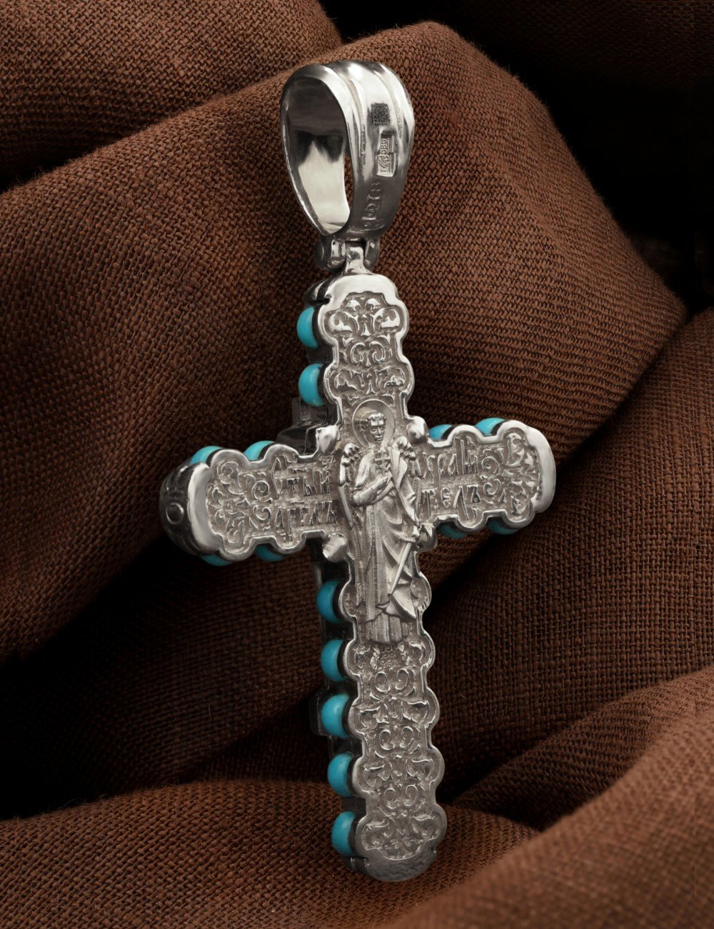 Крест из белого золота 585 пробы c бирюзой