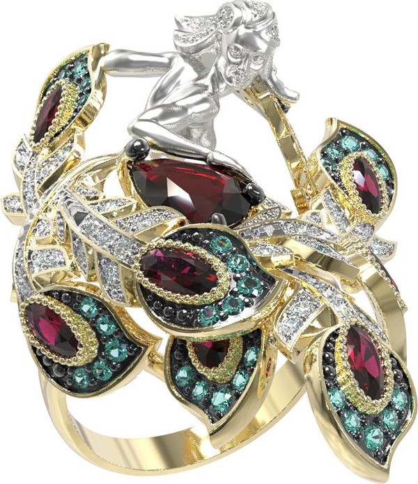 Кольцо из лимонного золота c фианитом и гранатом