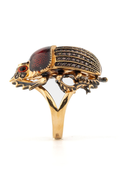 Кольцо из золота c эмалью, фианитом и гранатом