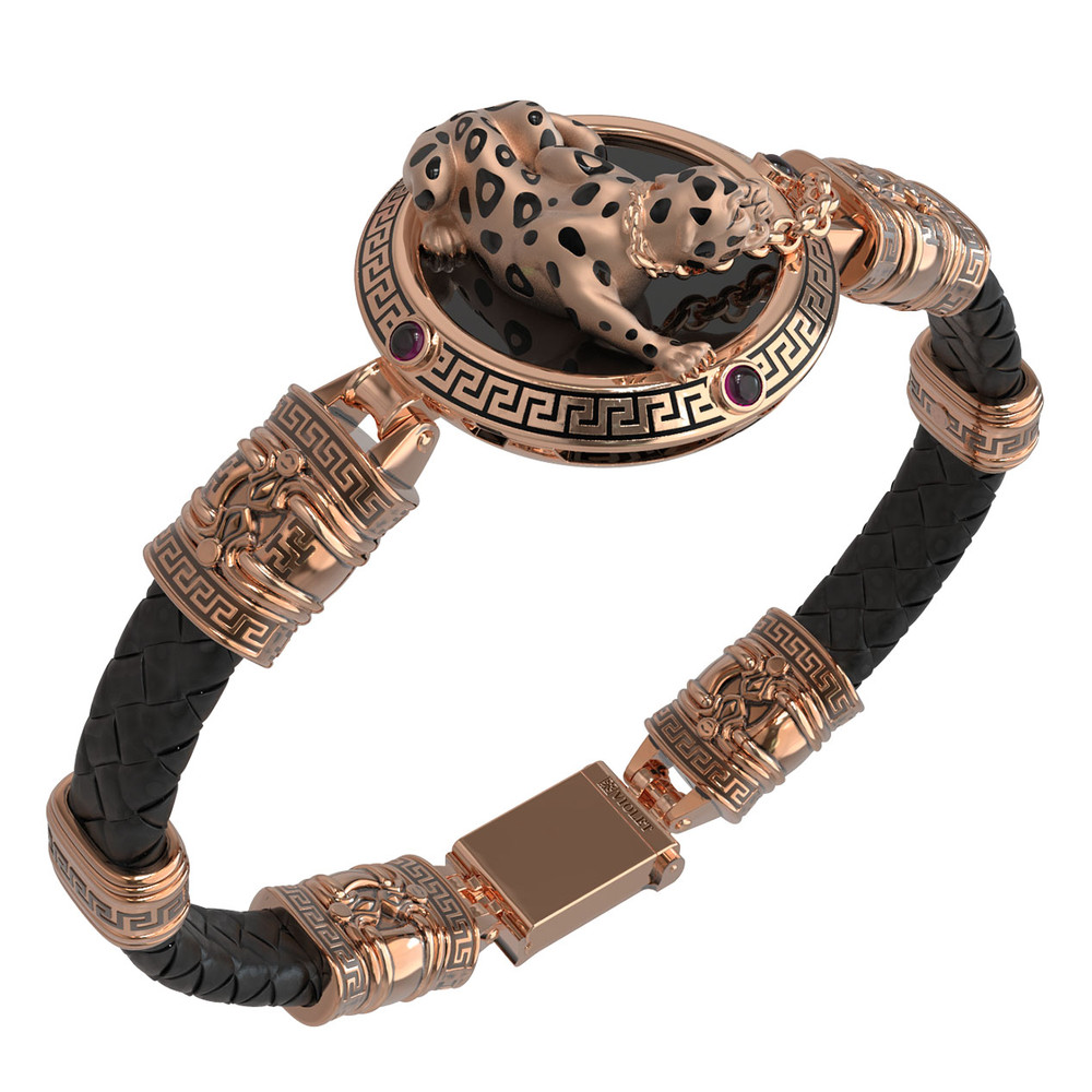 Браслет из золота c эмалью, шнурком, ониксом и рубином