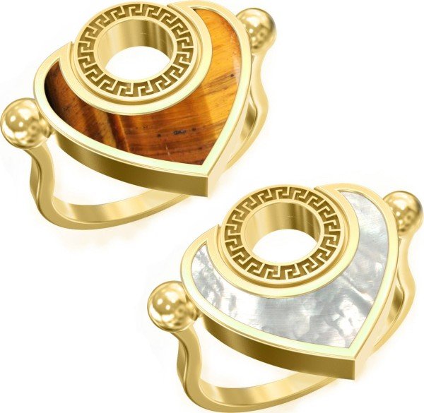 Кольцо из лимонного золота 585 пробы c тигровым глазом и перламутром