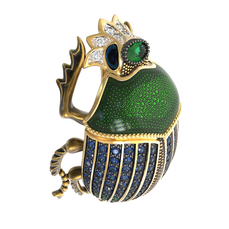 Брошь из лимонного золота c эмалью, фианитом и турмалином