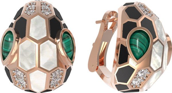 Серьги из золота 585 пробы c бриллиантами, рубином, ониксом, малахитом и перламутром