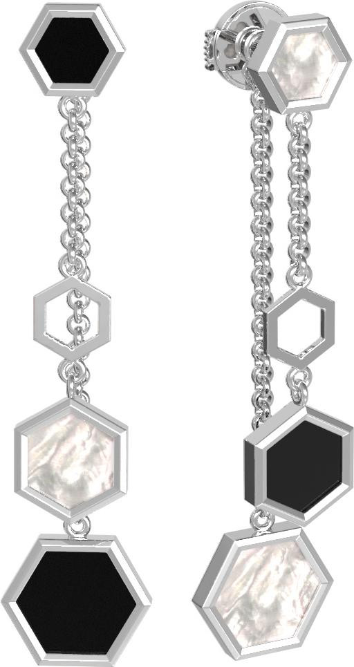 Серьги из белого золота c ониксом и перламутром