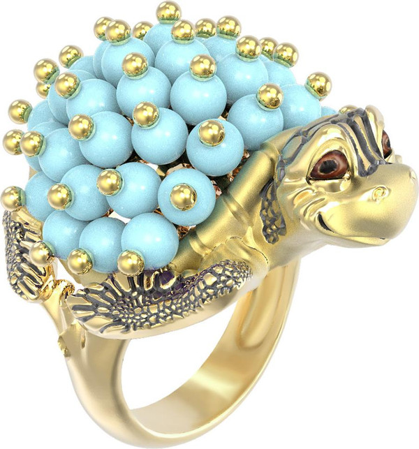 Кольцо из лимонного золота c эмалью и бирюзой