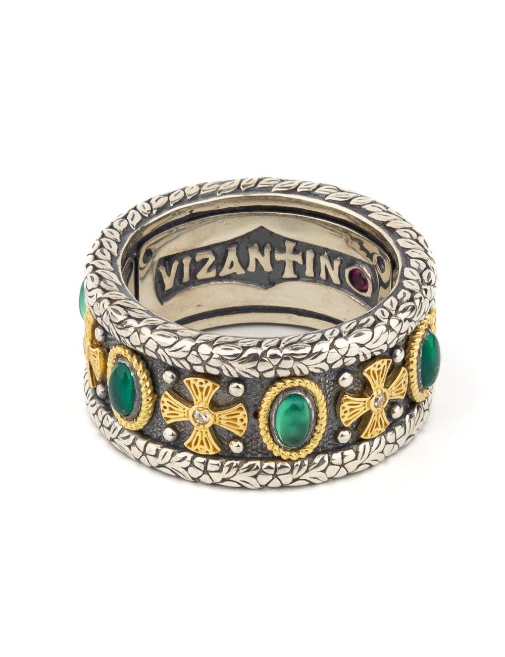 Кольцо из серебра 925 пробы и золота 750 пробы c бриллиантами, хризопразом и рубином