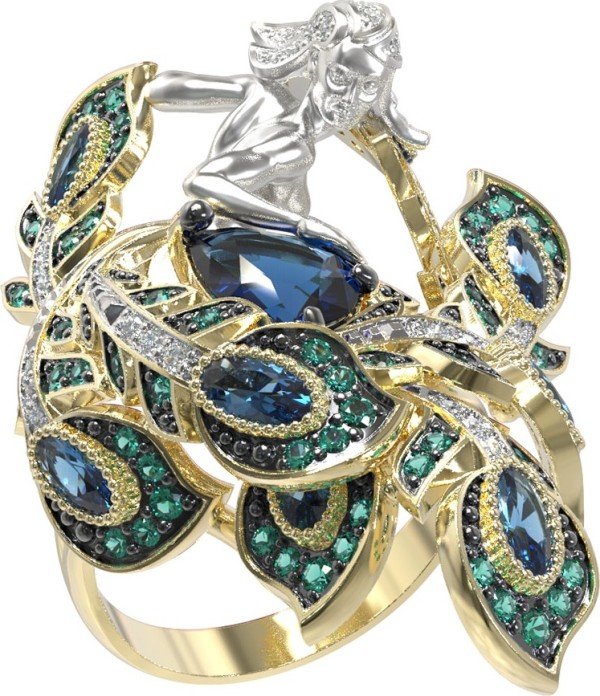 Кольцо из лимонного золота 585 пробы c фианитом и топазом London Blue