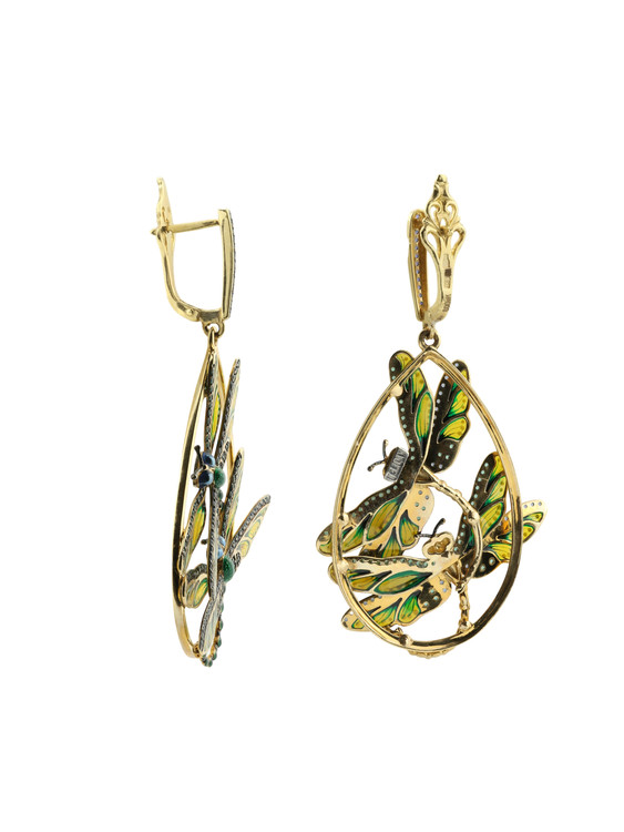 Серьги из лимонного золота c сапфиром, изумрудом и эмалью