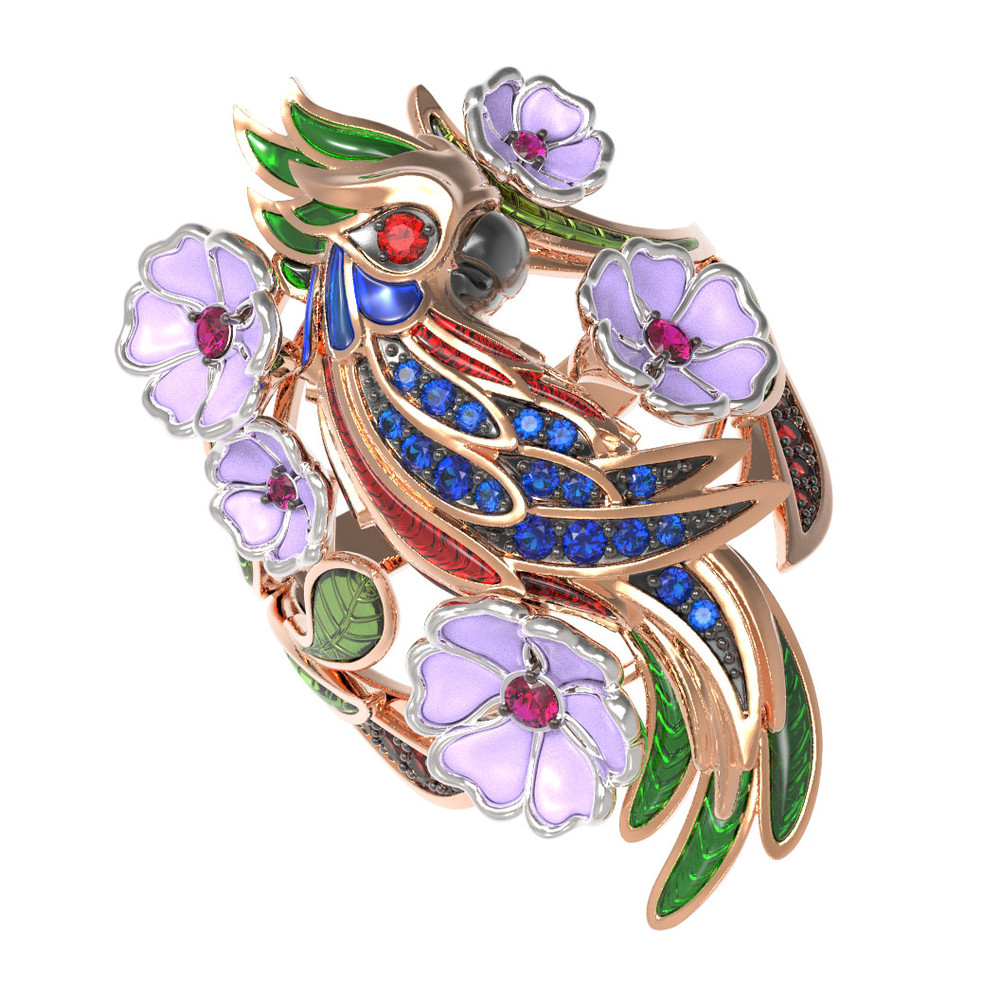 Кольцо из золота c эмалью, рубином и сапфиром