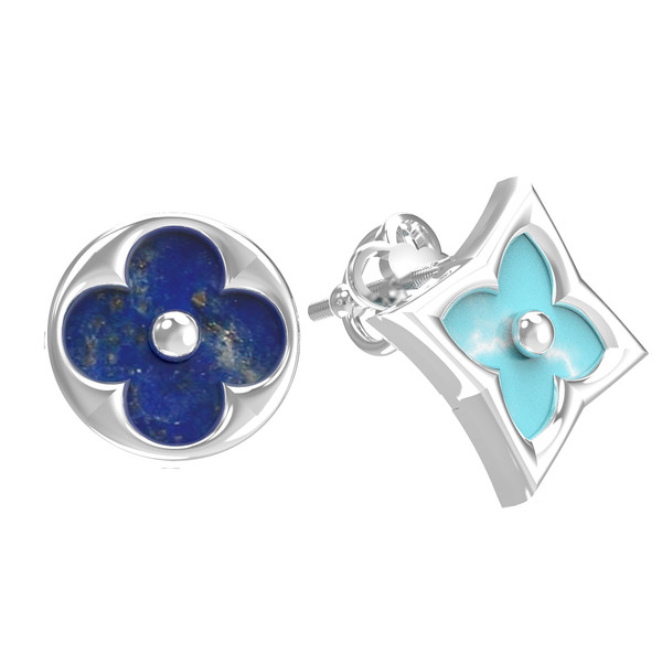 Серьги из белого золота c бирюзой и лазуритом