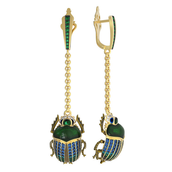 Серьги из лимонного золота c эмалью, фианитом, турмалином и сапфиром