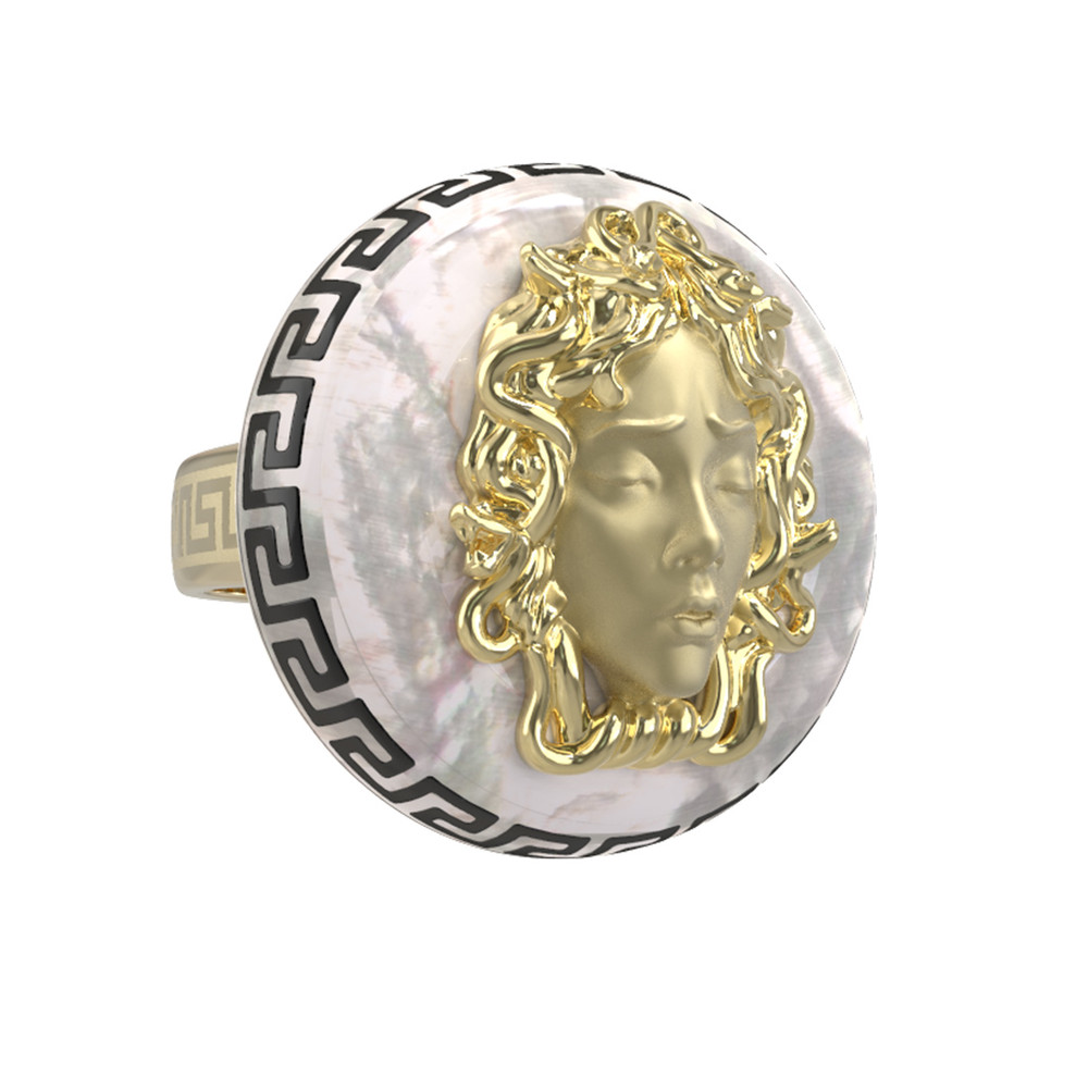 Кольцо из лимонного золота c эмалью и перламутром